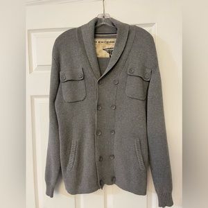 No Excess, Mens Large Grey Button down double breasted sweater. 100% cotton